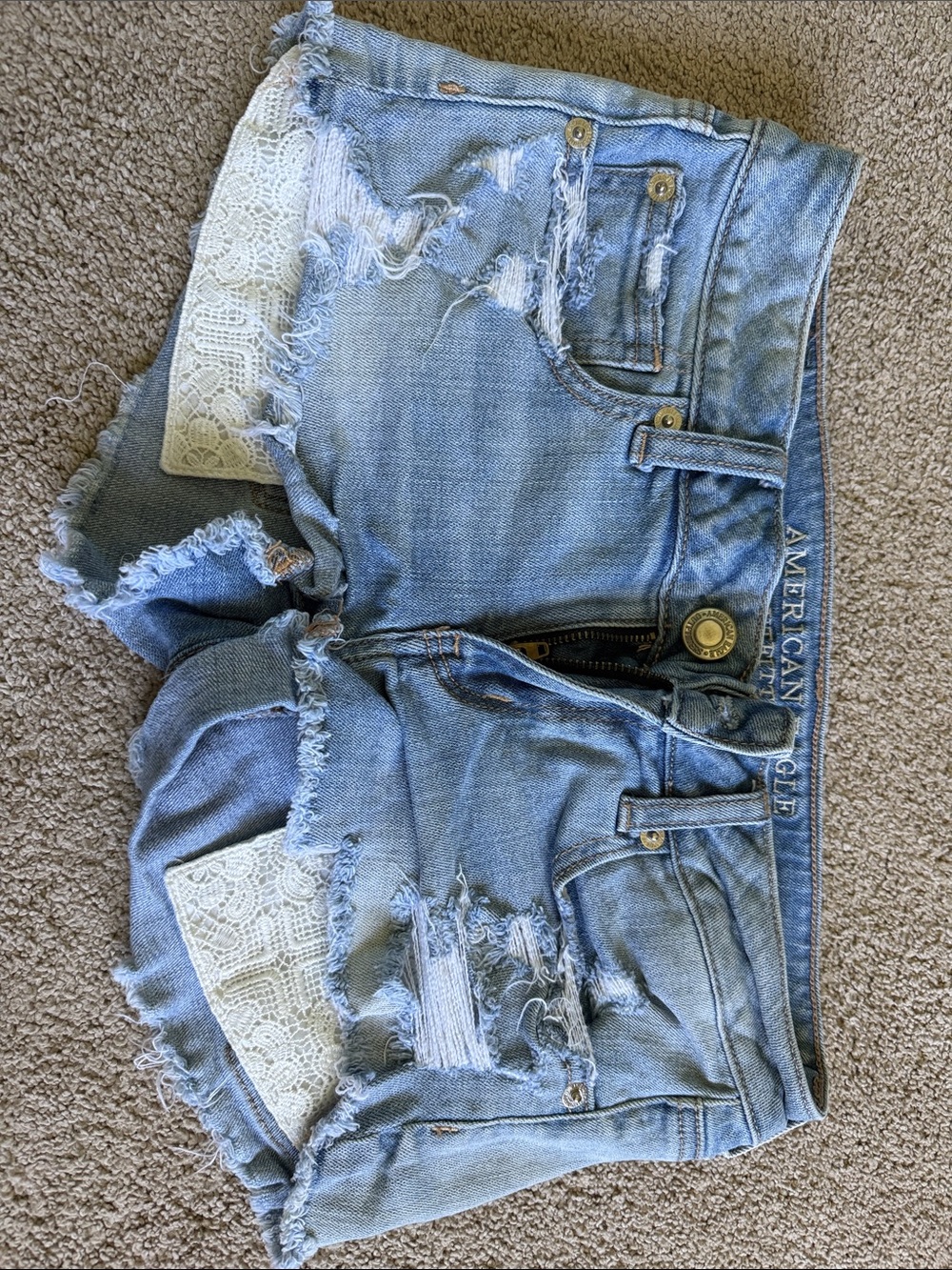 American Eagle Outfitters Light Blue Distressed Denim Jean Shorts with Lace